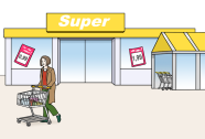 Das Bild zeigt einen Supermarkt von außen. Eine Frau vor schiebt einen Einkaufswagen.