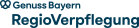 Blau-weißes Logo von RegioVerpflegung mit Dachmarke Genuss Bayern und Breze