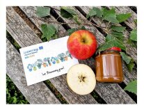 AlpBioEco Postkarte mit Äpfeln auf einer Bank
