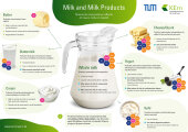 Infographic with ingredients and health benefits of cow's milk and dairy products