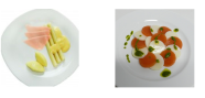 Spargel mit Schinken und Kartoffeln (links) und ein Tomaten-Mozzarella Salat (rechts) jeweils in gelierter Form.
