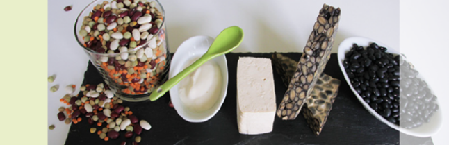 Hülsenfrüchte in unterschiedlichen Verarbeitungsformen, von links nach rechts: Hülsenfrüchtemix, Lupinenjoghurt, Tofu, Tempeh, schwarze Bohnen