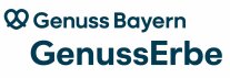 kleiner Schriftzug Genuss Bayern, großer Genuss Erbe, dazu eine herzförmige Brezel, alles in Blauton
